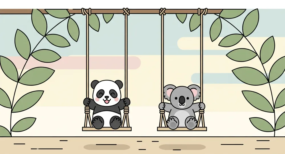 Tapet pentru cameră de copii | Pandă și koala pe leagăne