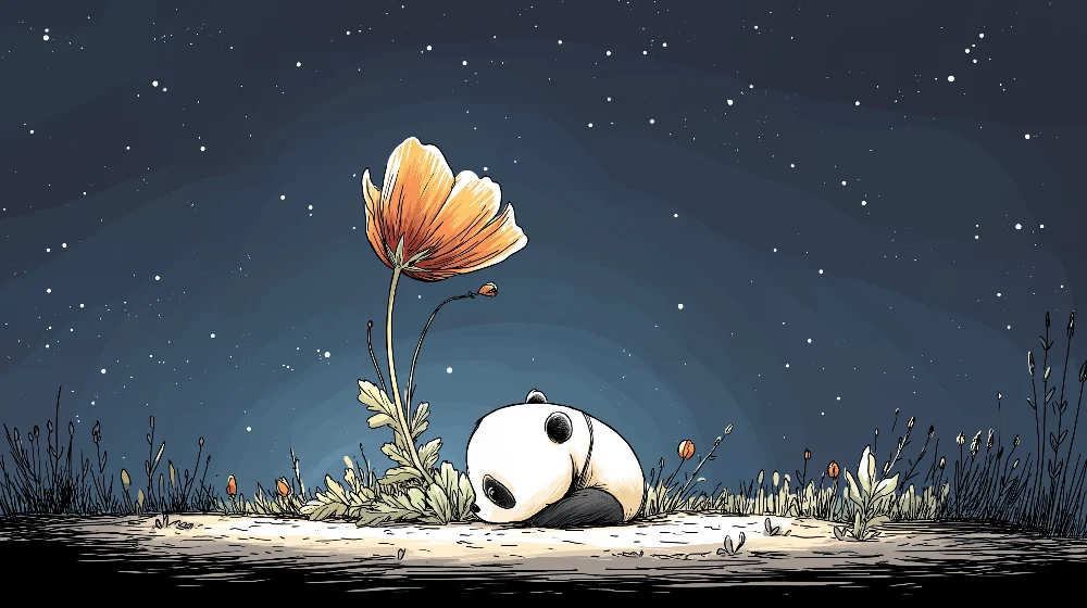 Tapet pentru cameră de copii | Panda adormit sub stele cu o floare strălucitoare