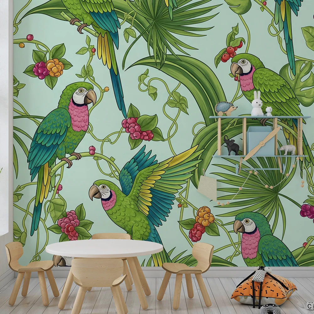 Tapet pentru cameră de copii | Papagali colorați în mijlocul junglei tropicale