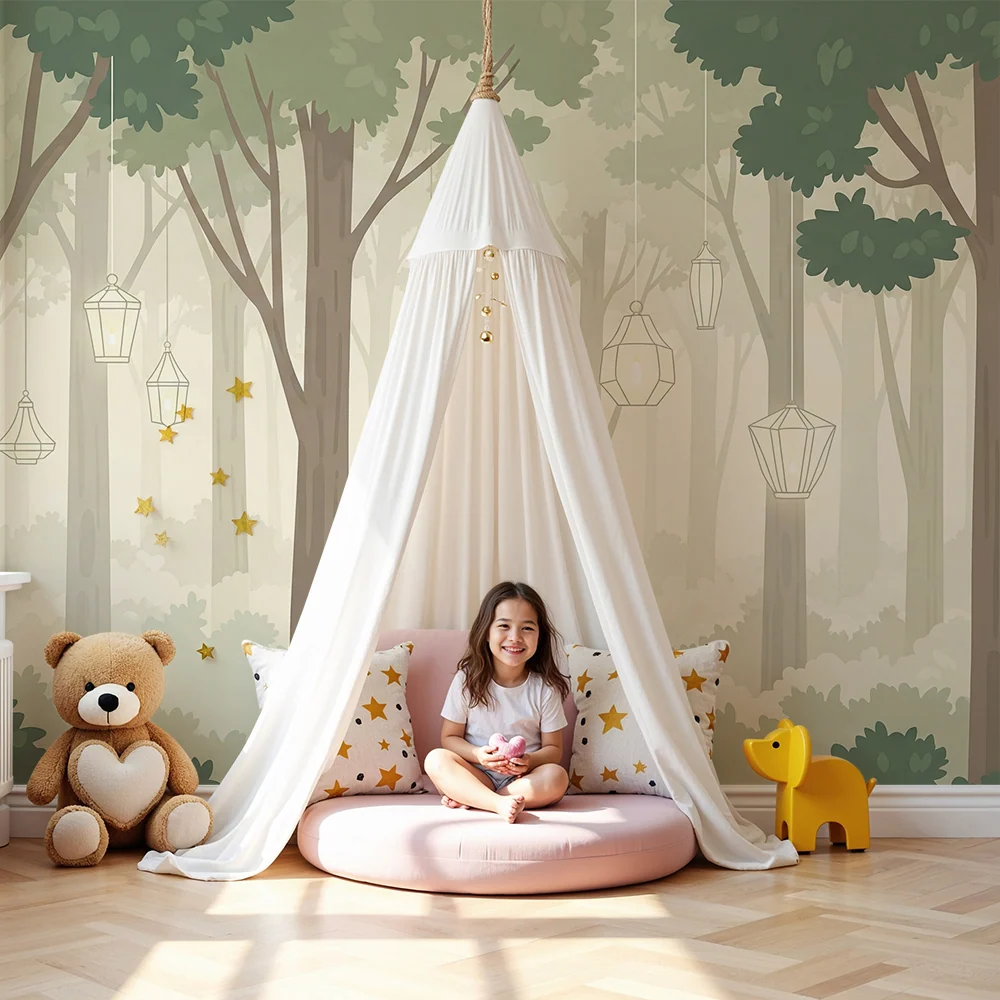 Tapet pentru cameră de copii | Pădure fermecată cu lămpi suspendate