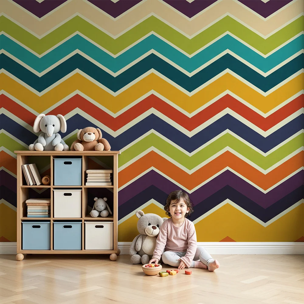 Tapet pentru cameră copil | Model zigzag colorat în dungi
