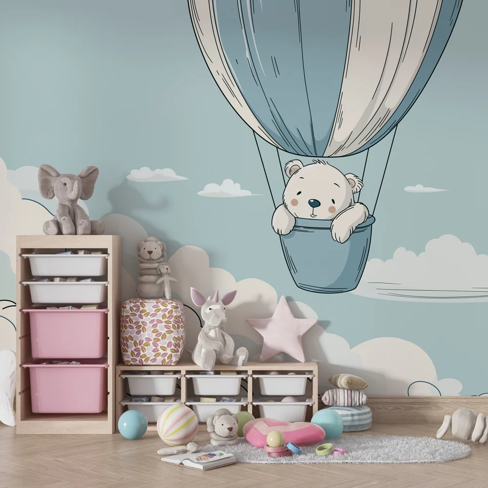 Tapet pentru camera de copii | Ursulețul într-un balon aerostatic