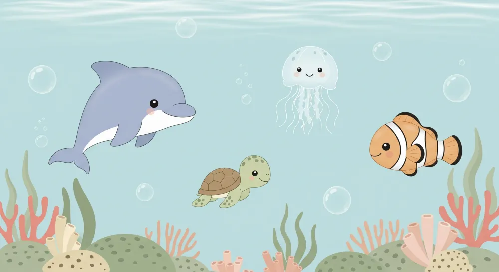 Tapet pentru camera copiilor | Aventură subacvatică cu animale marine