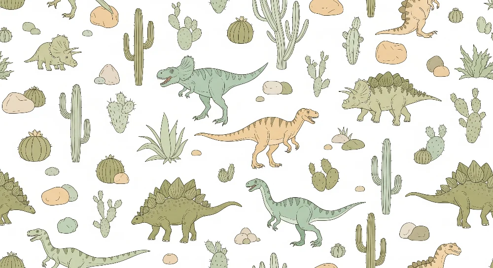Tapet pentru camera copiilor | Dinozauri amuzanți în mijlocul cactusului și stâncilor