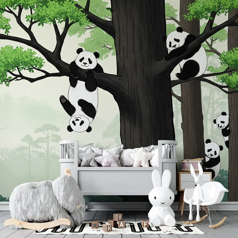 Tapet pentru camera copiilor | Pandas jucauți în pădure