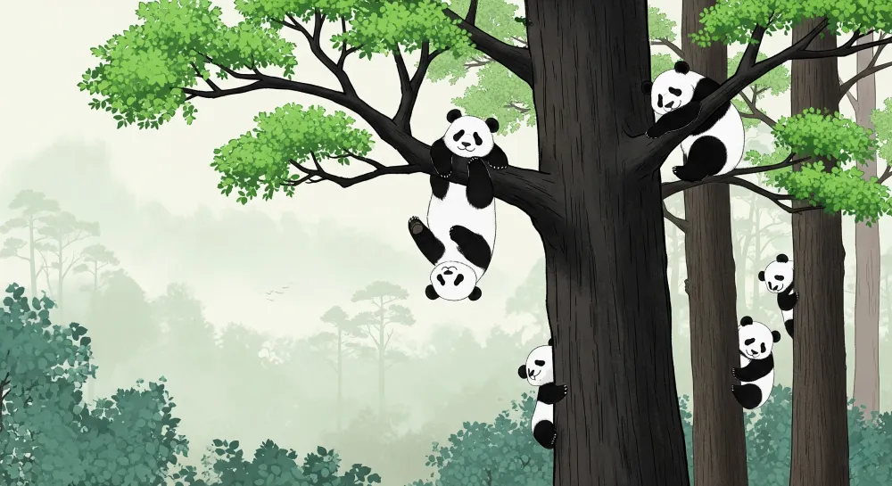 Tapet pentru camera copiilor | Pandas jucauți în pădure