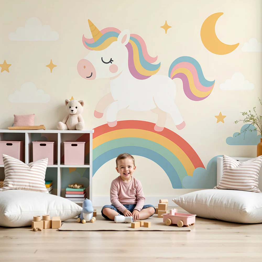Tapet pentru camera copiilor | Unicorn fericit și curcubeu