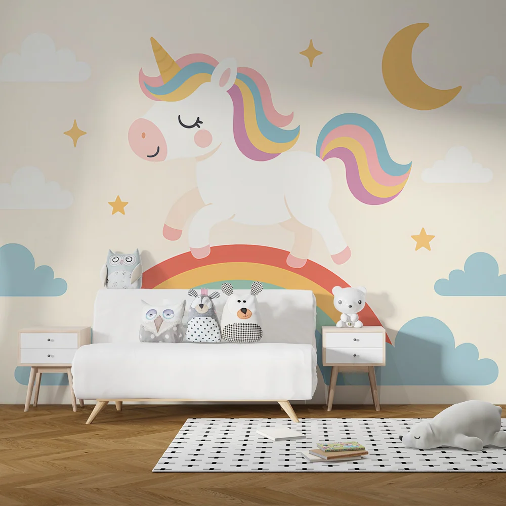 Tapet pentru camera copiilor | Unicorn fericit și curcubeu