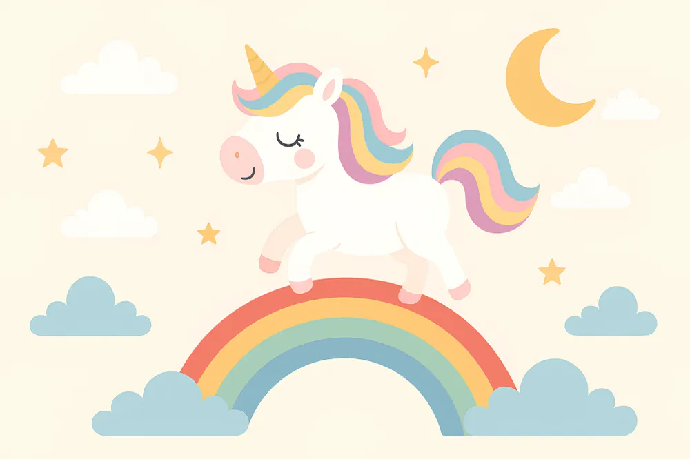 Tapet pentru camera copiilor | Unicorn fericit și curcubeu
