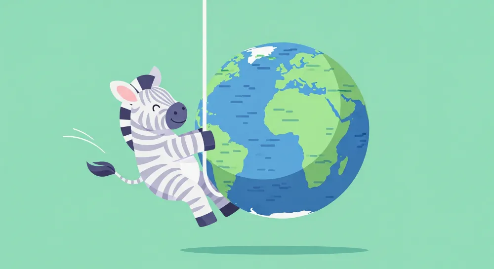 Tapet pentru camera copiilor | Zebra veselă agățată de Pământ