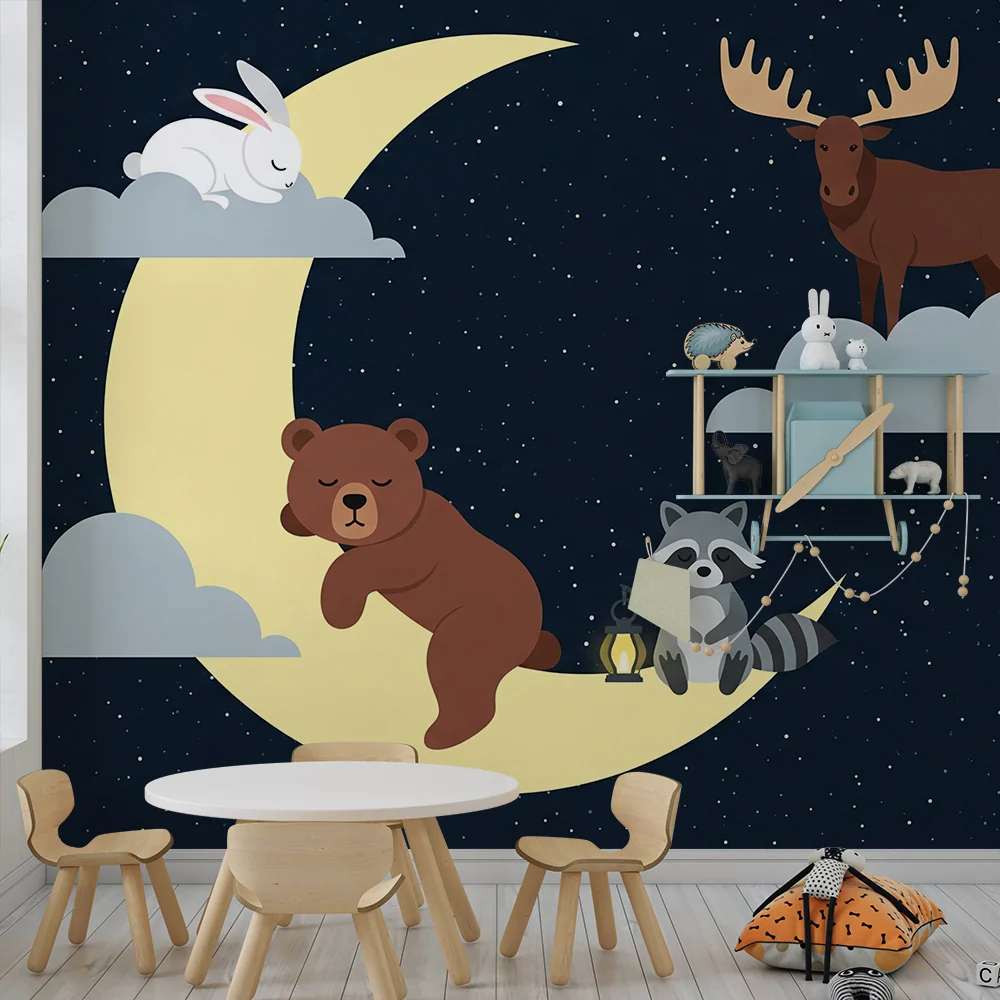 Tapet pentru camera copilului | Animale nocturne pe o semilună