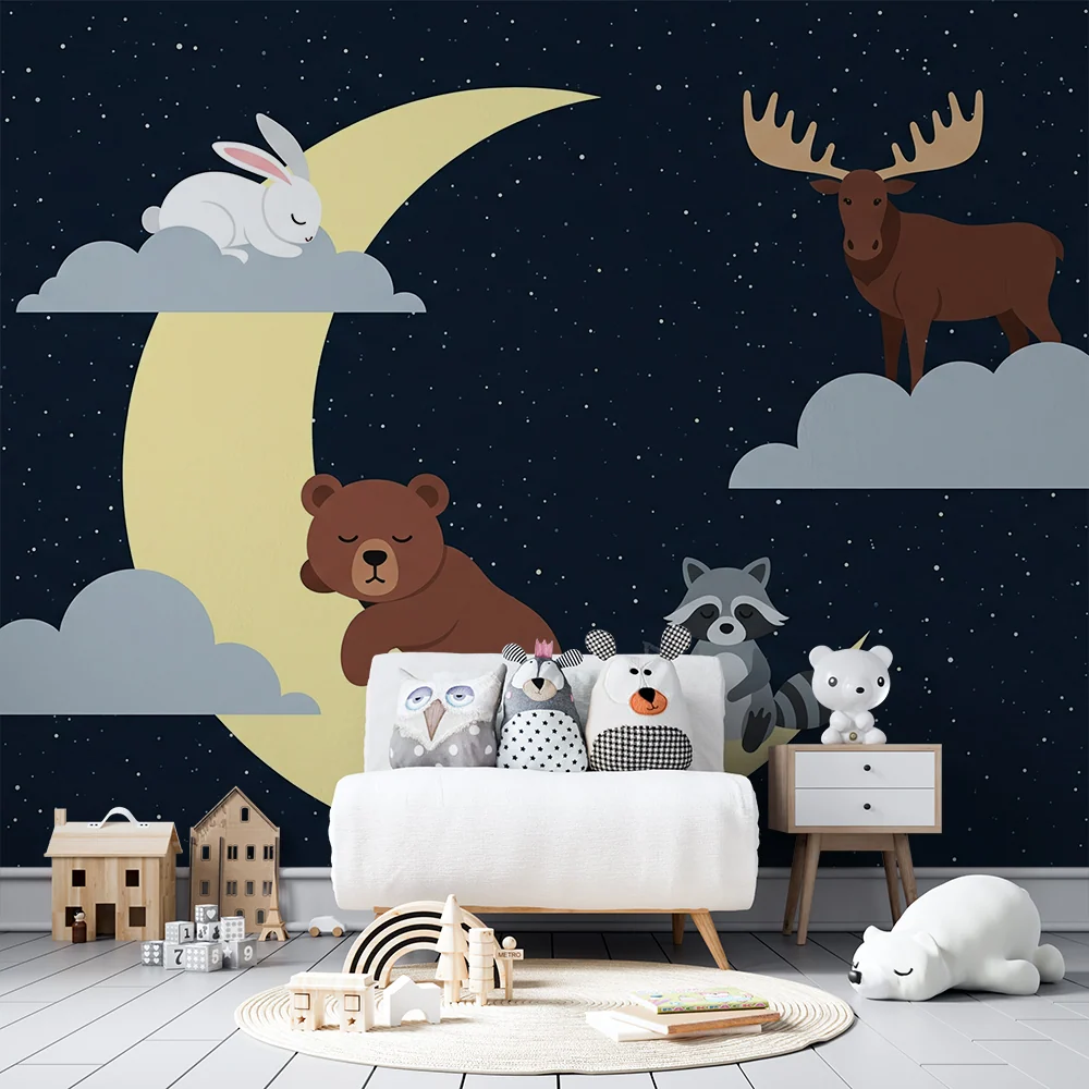 Tapet pentru camera copilului | Animale nocturne pe o semilună