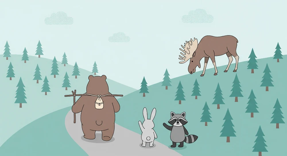 Tapet pentru camera copilului | Aventură în pădure cu un urs, un iepure și un raton