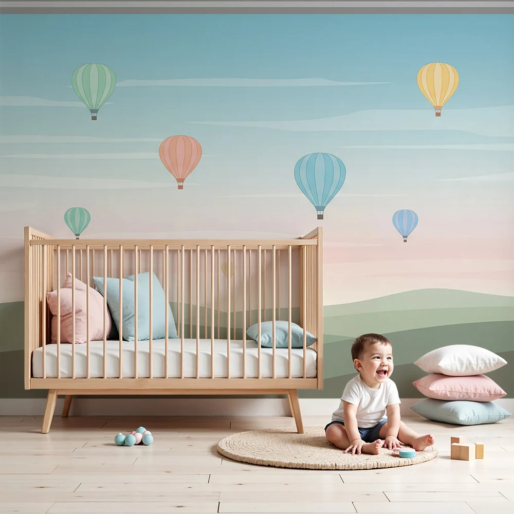 Tapet pentru camera copilului | Balon cu aer cald colorat pe fundal pastel
