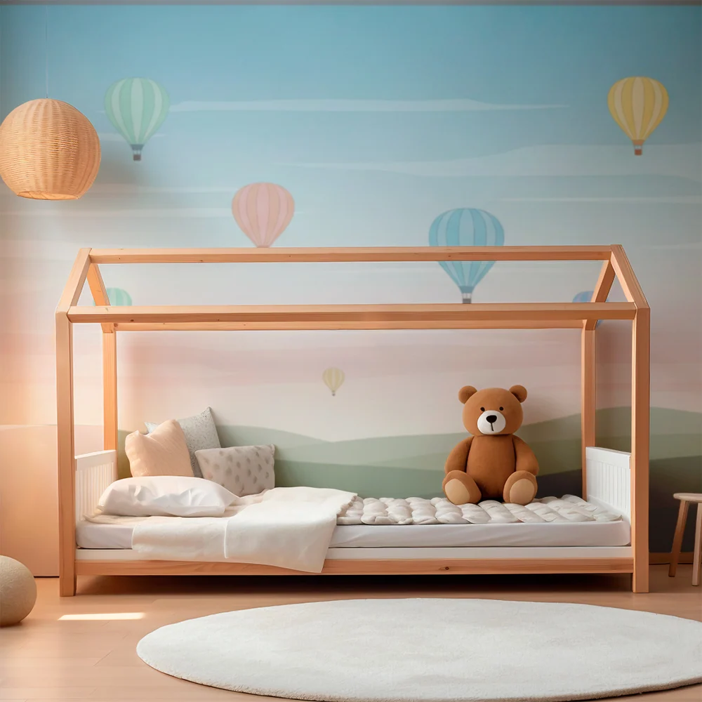 Tapet pentru camera copilului | Balon cu aer cald colorat pe fundal pastel