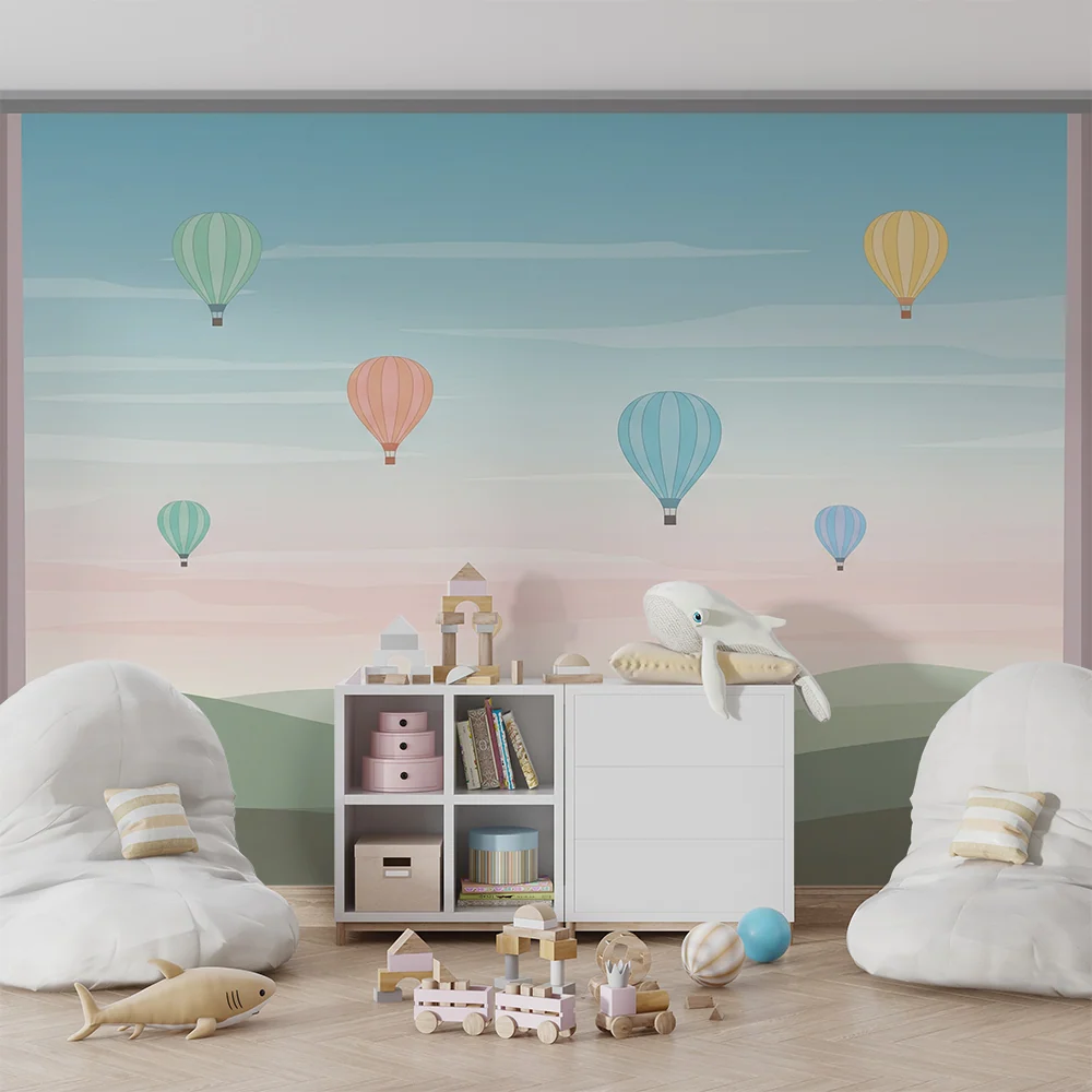 Tapet pentru camera copilului | Balon cu aer cald colorat pe fundal pastel