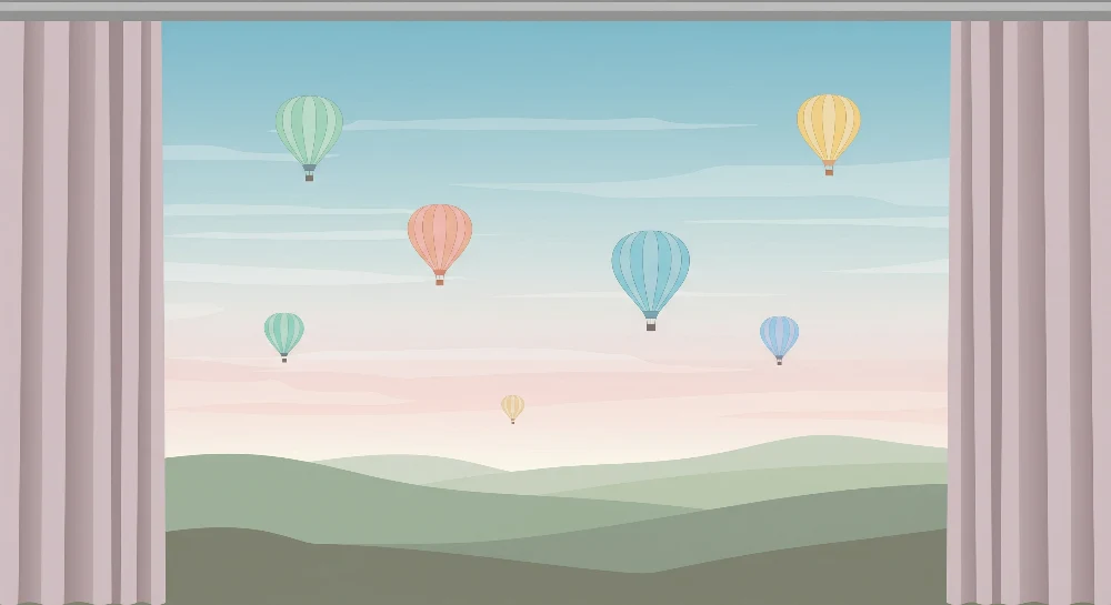 Tapet pentru camera copilului | Balon cu aer cald colorat pe fundal pastel