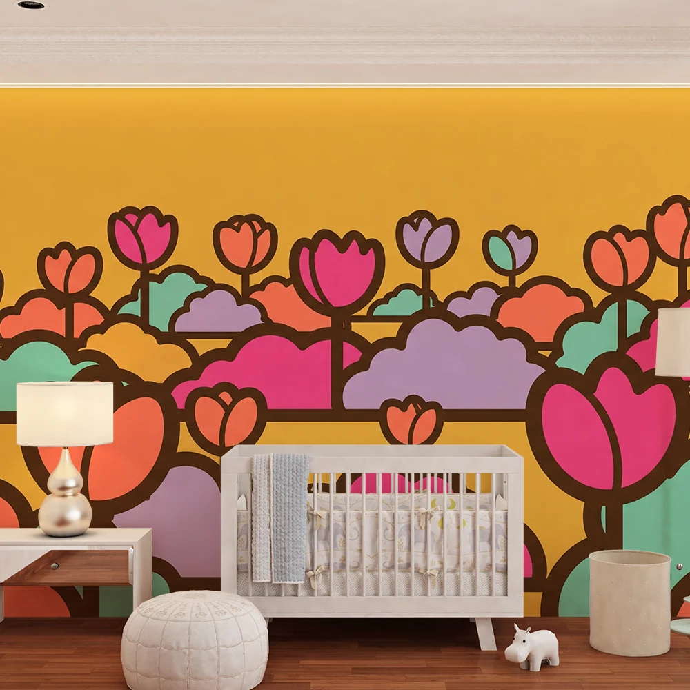 Tapet pentru camera copilului | Câmpii cu flori colorate pe fond galben