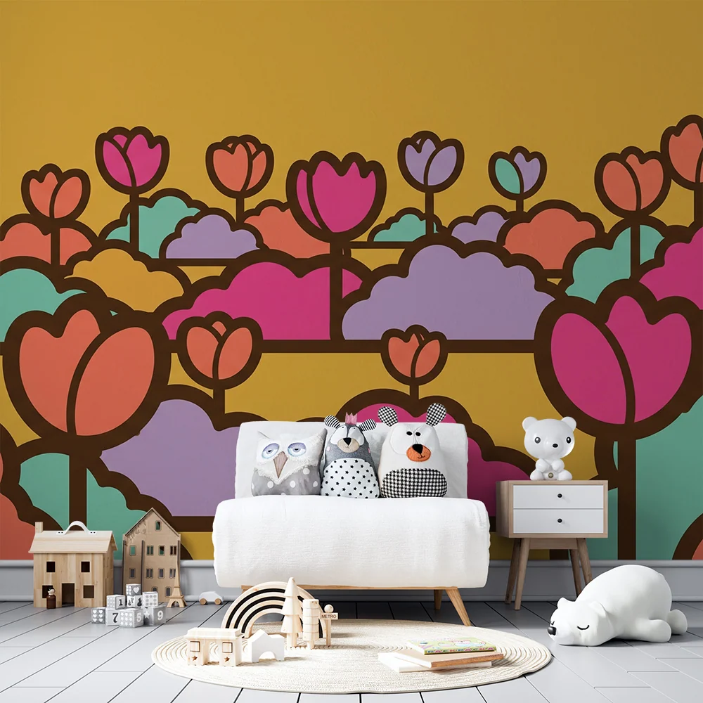 Tapet pentru camera copilului | Câmpii cu flori colorate pe fond galben