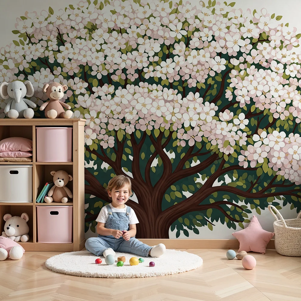 Tapet pentru camera copilului | Copac înflorit cu flori delicate roz