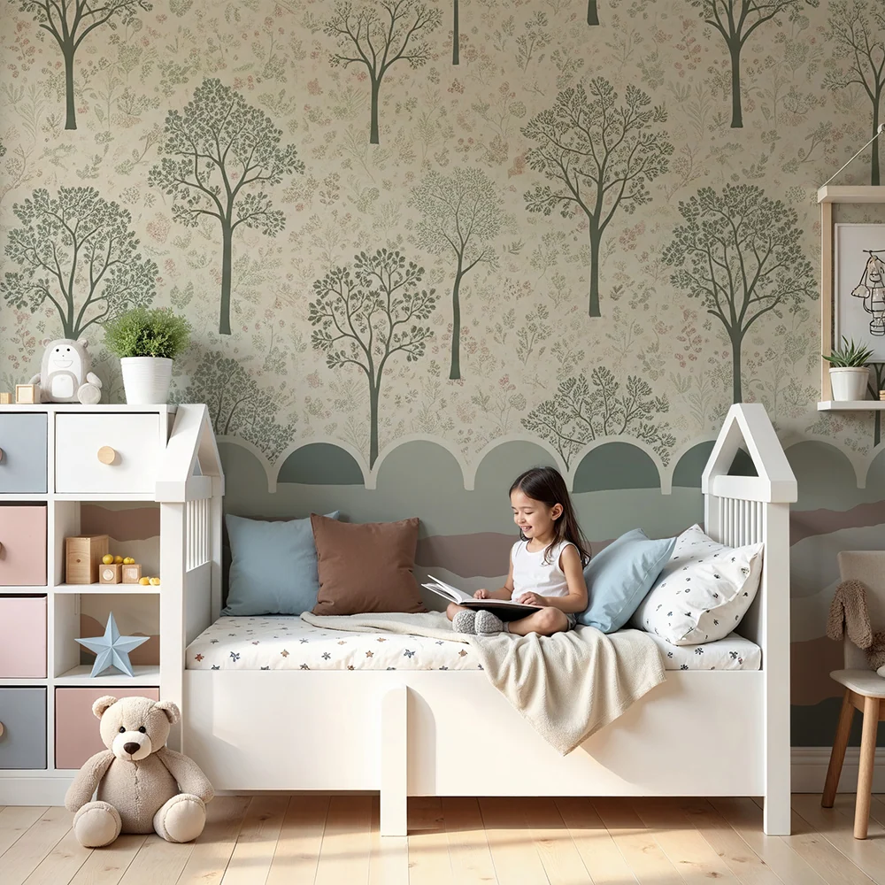 Tapet pentru camera copilului | Design cu arbori delicati și motive florale în tonuri liniștitoare