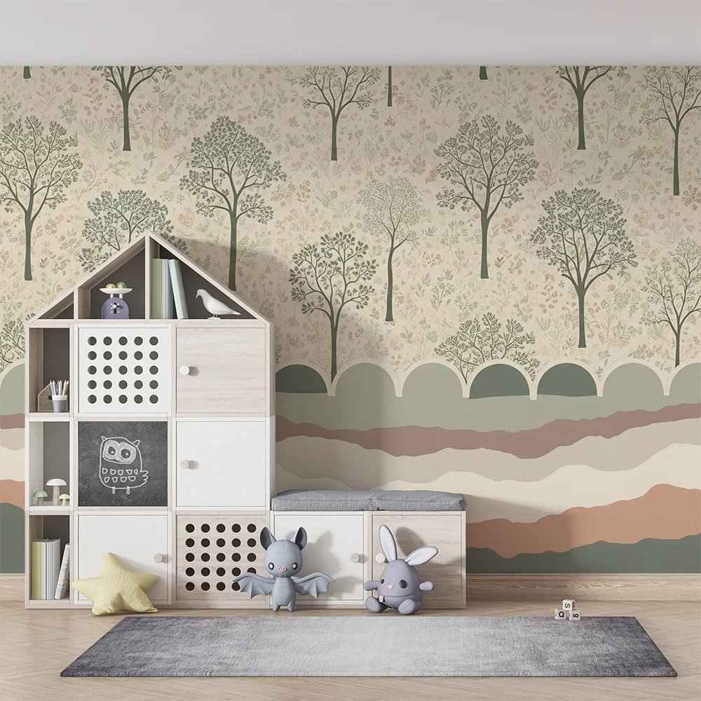 Tapet pentru camera copilului | Design cu arbori delicati și motive florale în tonuri liniștitoare