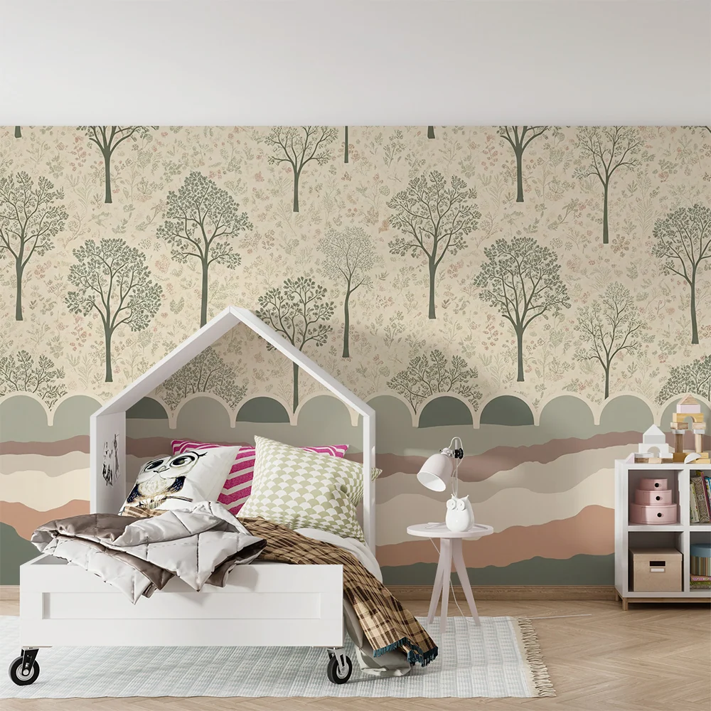 Tapet pentru camera copilului | Design cu arbori delicati și motive florale în tonuri liniștitoare