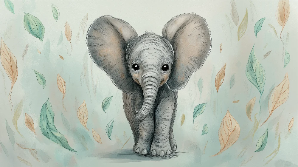 Tapet pentru camera copilului | Elefant drăguț într-o pădure de frunze