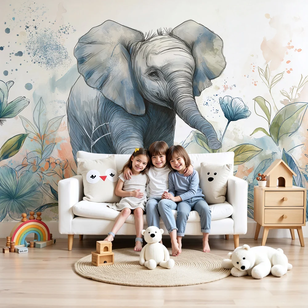 Tapet pentru camera copilului | Elefant în jungla florală