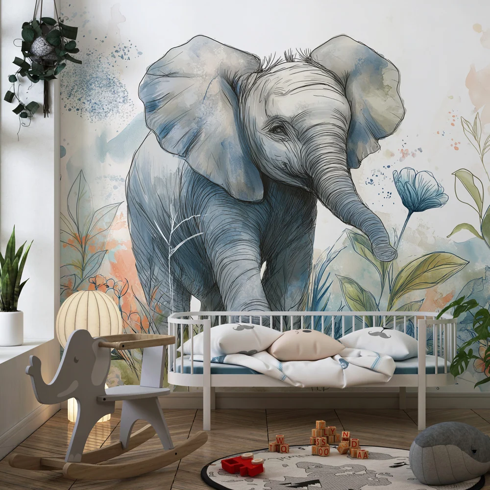Tapet pentru camera copilului | Elefant în jungla florală