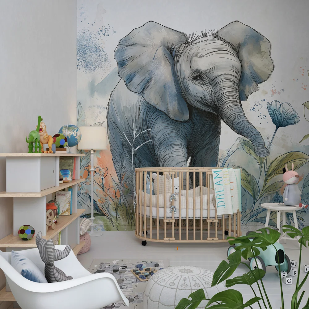 Tapet pentru camera copilului | Elefant în jungla florală