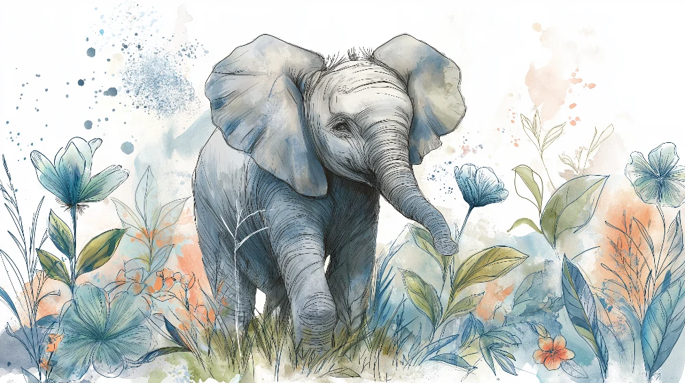 Tapet pentru camera copilului | Elefant în jungla florală