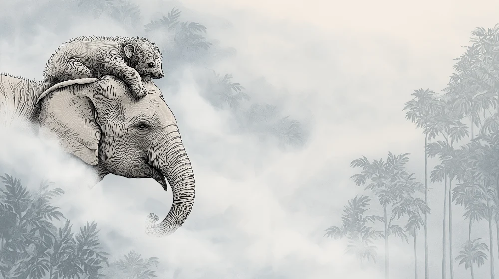Tapet pentru camera copilului | Elefant majestuos cu un animal mic pe spate, într-o atmosferă cețoasă