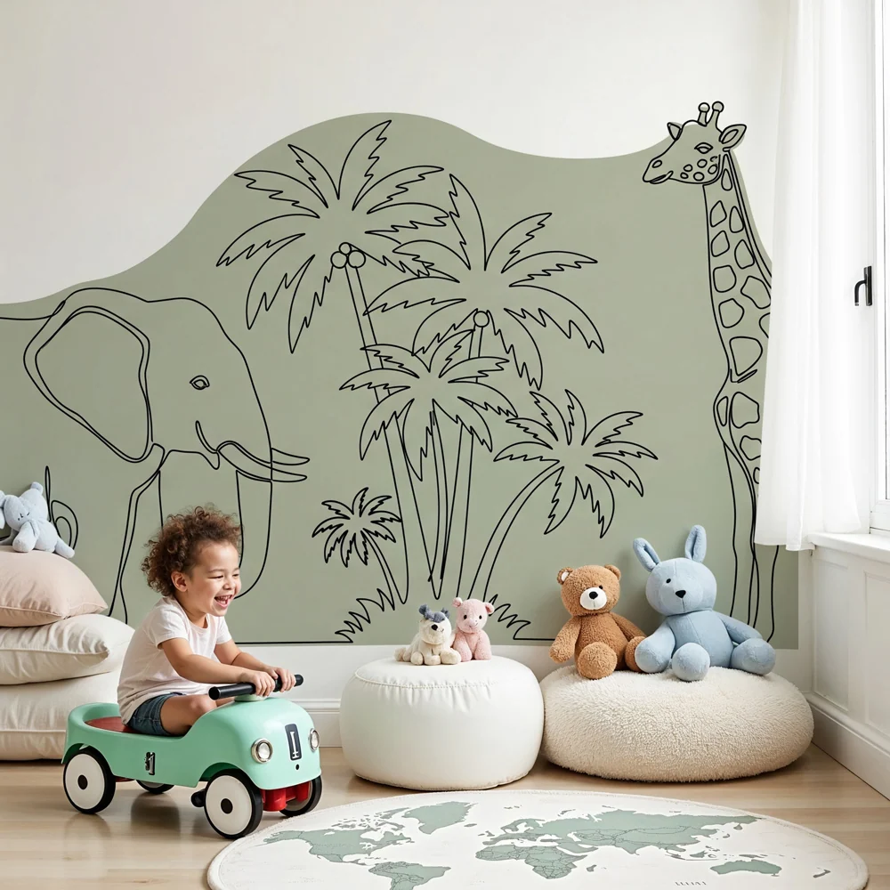 Tapet pentru camera copilului | Element decorativ cu elefant și girafă