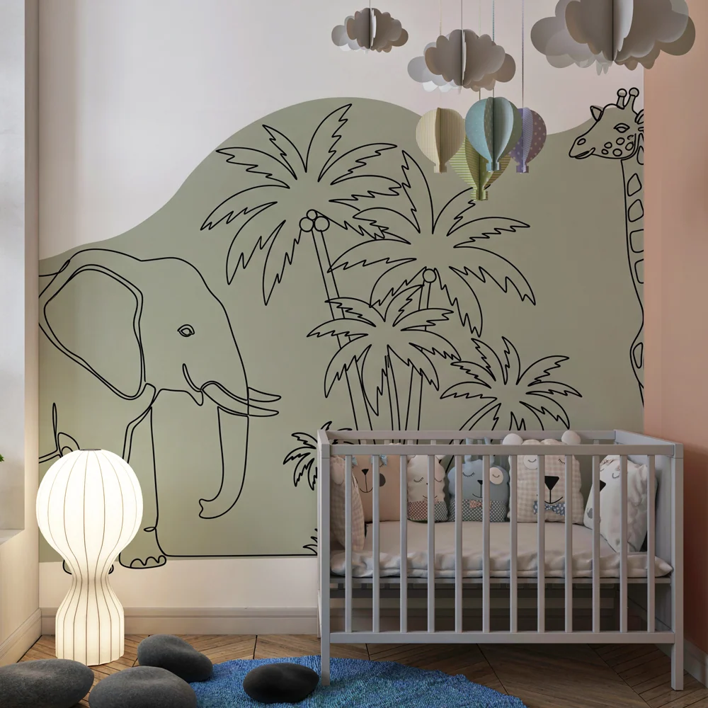 Tapet pentru camera copilului | Element decorativ cu elefant și girafă