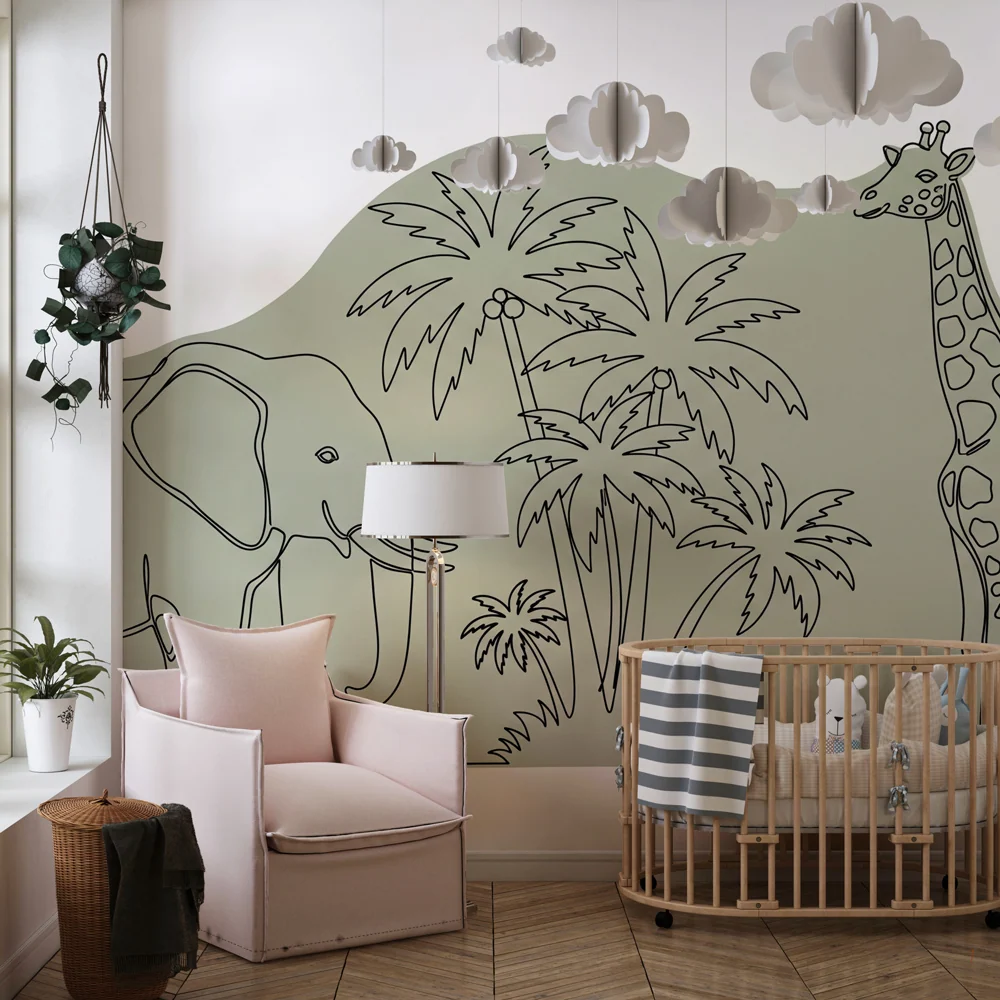 Tapet pentru camera copilului | Element decorativ cu elefant și girafă