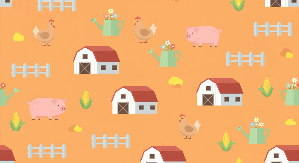 Tapet pentru camera copilului | Fermă colorată cu animale și elemente de grădinărit