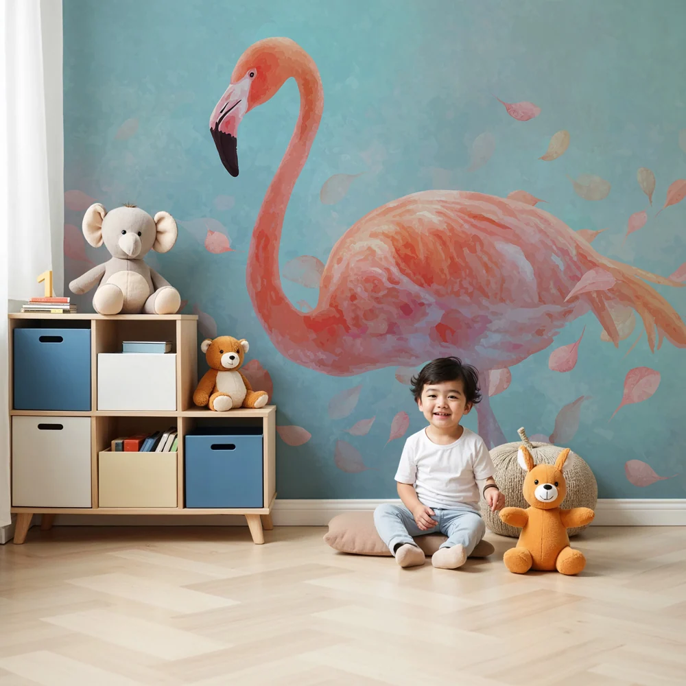 Tapet pentru camera copilului | Flamingo roz și frunze delicate