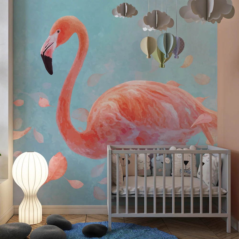 Tapet pentru camera copilului | Flamingo roz și frunze delicate