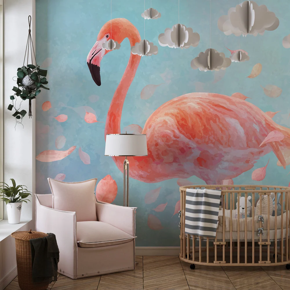 Tapet pentru camera copilului | Flamingo roz și frunze delicate