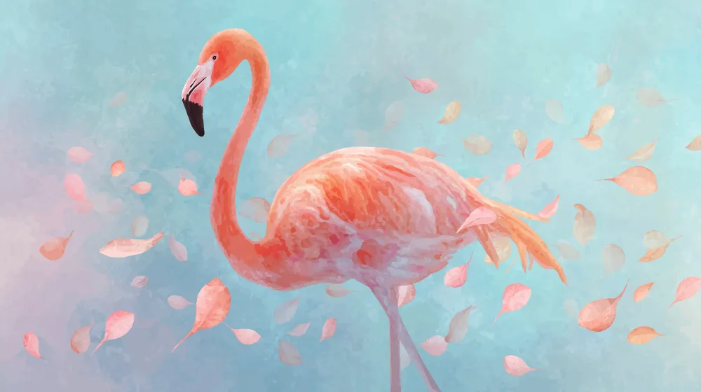 Tapet pentru camera copilului | Flamingo roz și frunze delicate