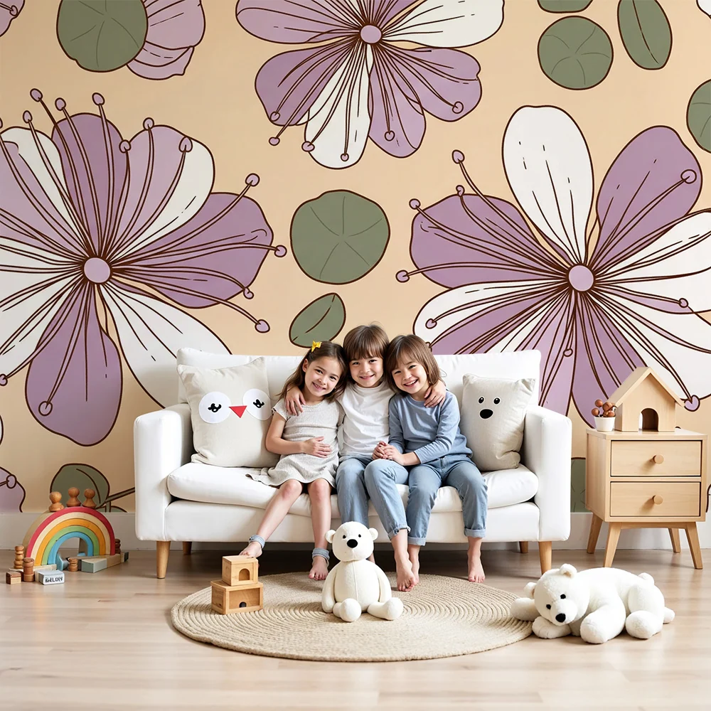 Tapet pentru camera copilului | Flori delicate și frunziș pe fundal delicat