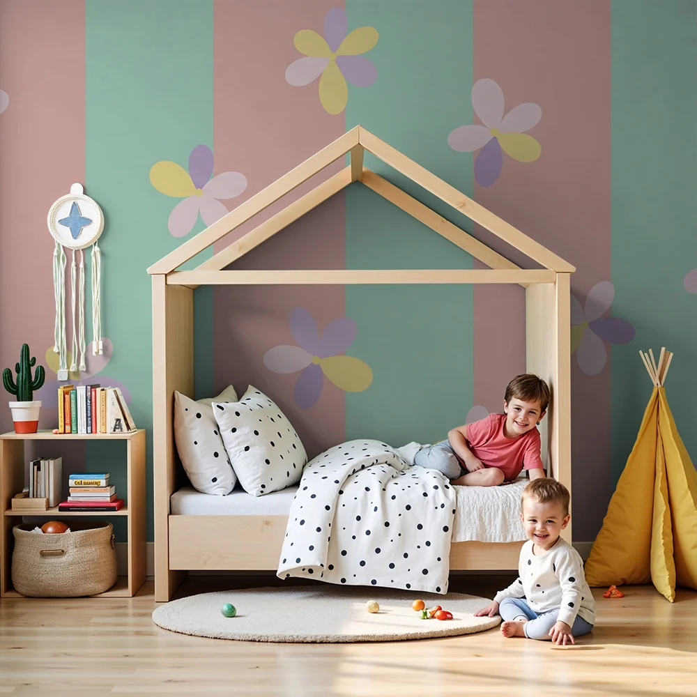 Tapet pentru camera copilului | Flori pastelate pe fundal cu dungi delicate