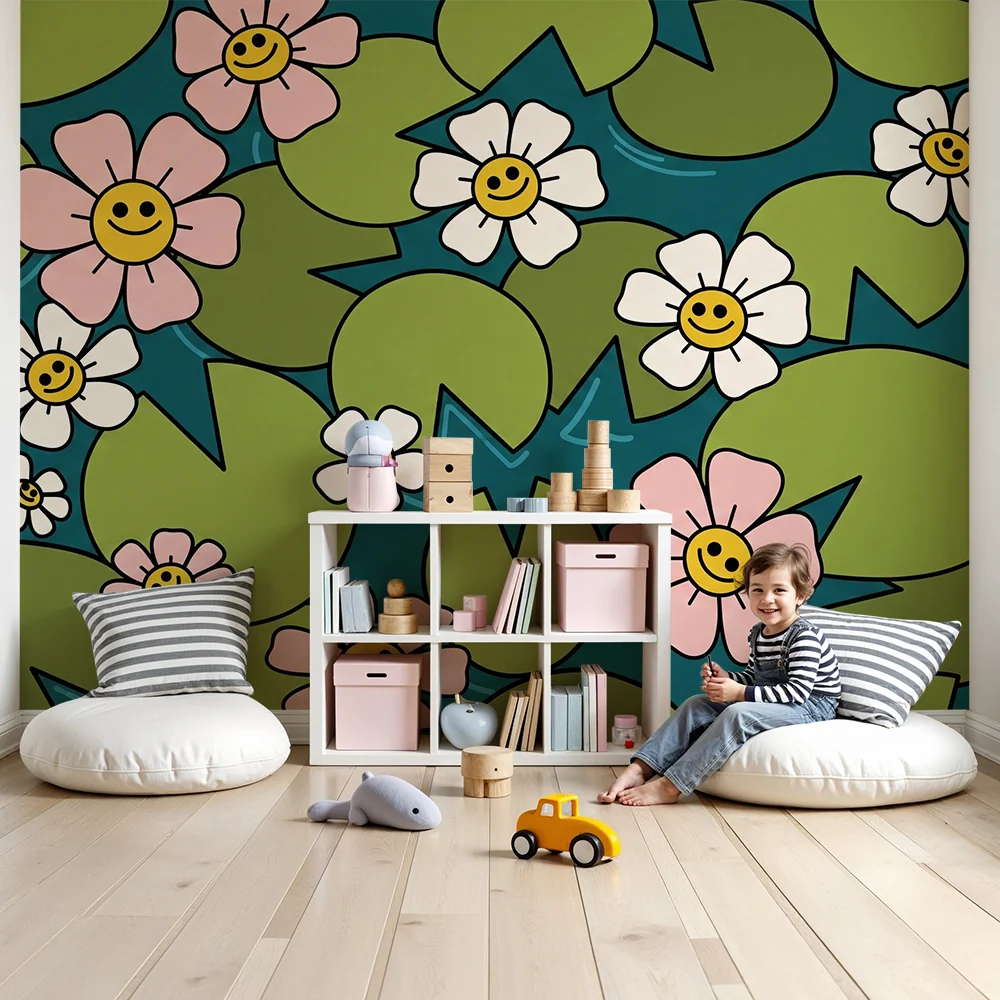 Tapet pentru camera copilului | Flori vesele și nuferi colorați într-un decor acvatic