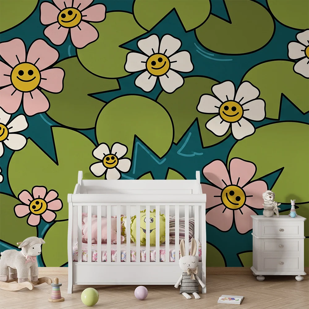 Tapet pentru camera copilului | Flori vesele și nuferi colorați într-un decor acvatic