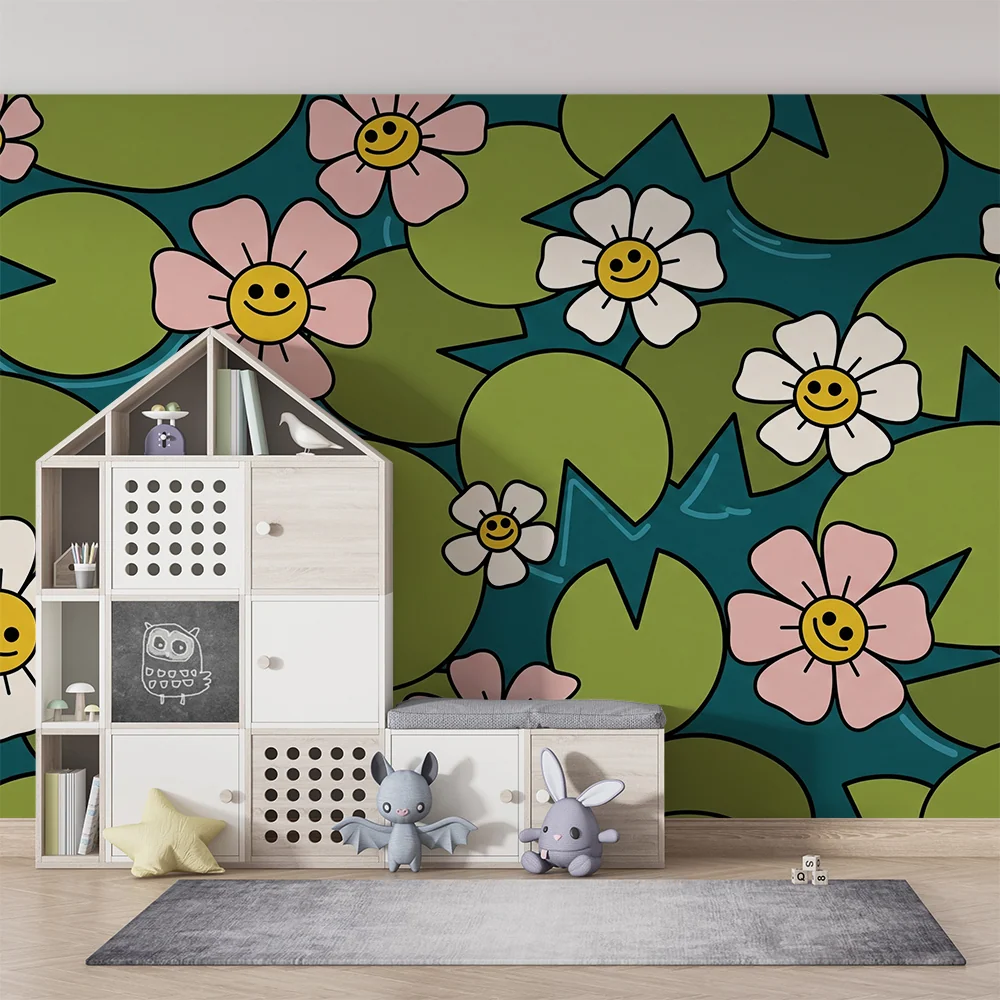 Tapet pentru camera copilului | Flori vesele și nuferi colorați într-un decor acvatic
