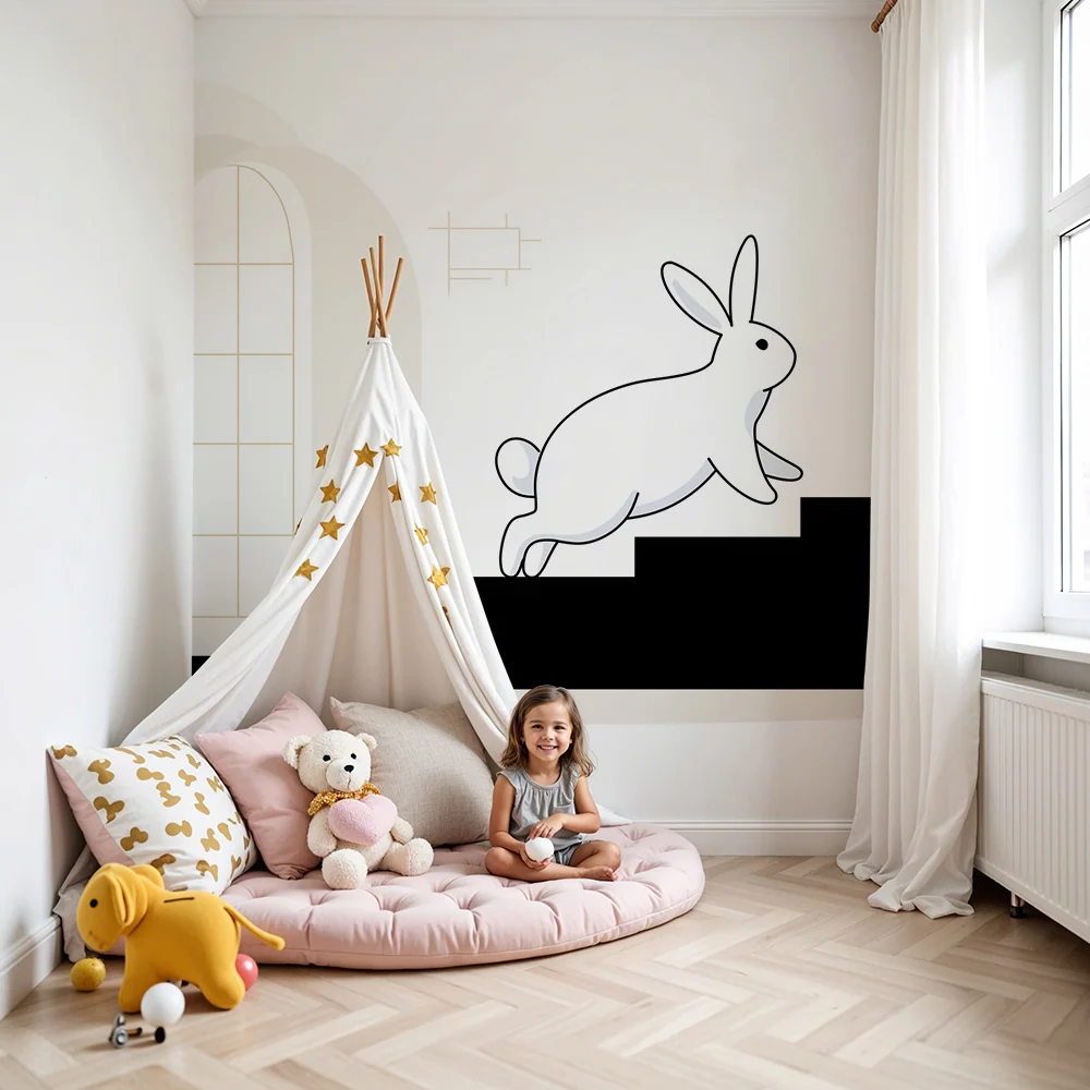 Tapet pentru camera copilului | Iepuraș jucăuș urcând scările într-un decor minimalist
