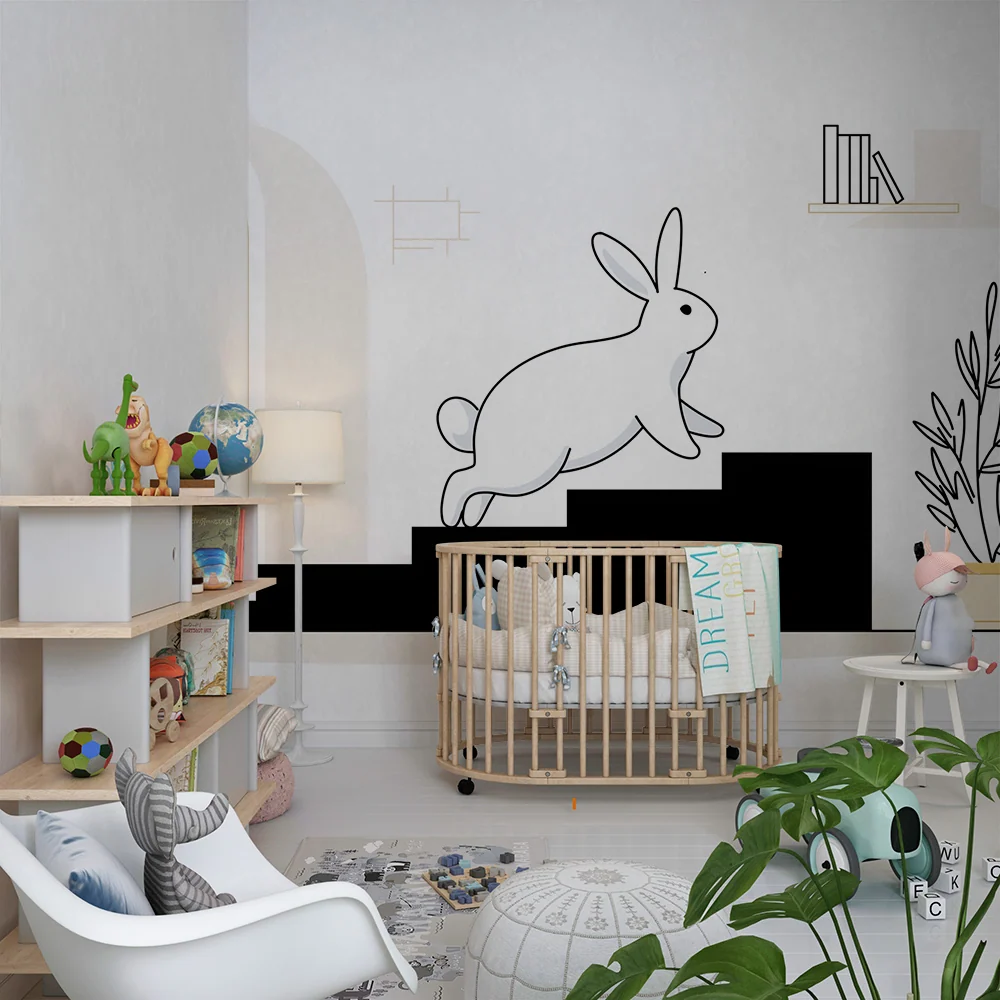 Tapet pentru camera copilului | Iepuraș jucăuș urcând scările într-un decor minimalist