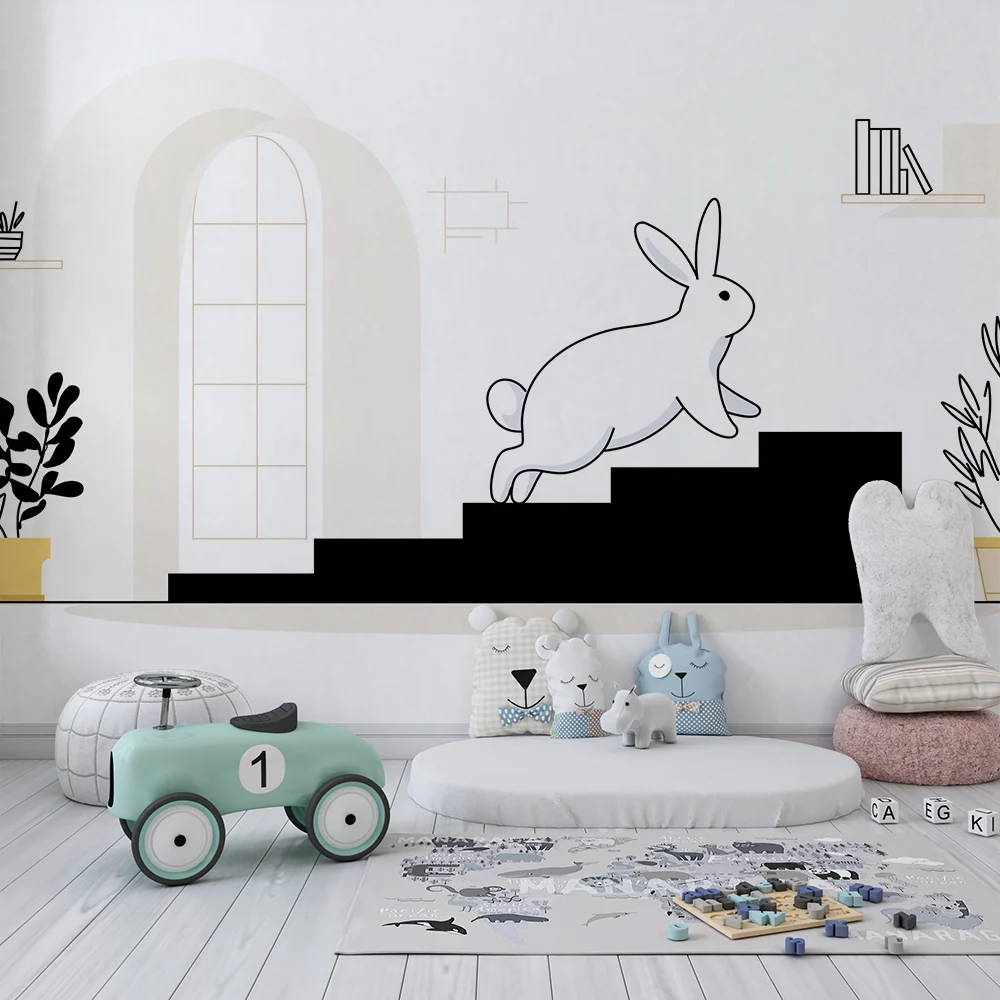 Tapet pentru camera copilului | Iepuraș jucăuș urcând scările într-un decor minimalist