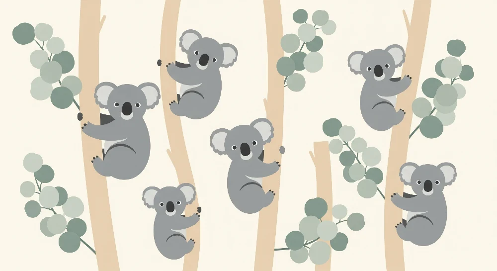 Tapet pentru camera copilului | Koalași adorabili cățărându-se în copaci cu frunze de eucalipt